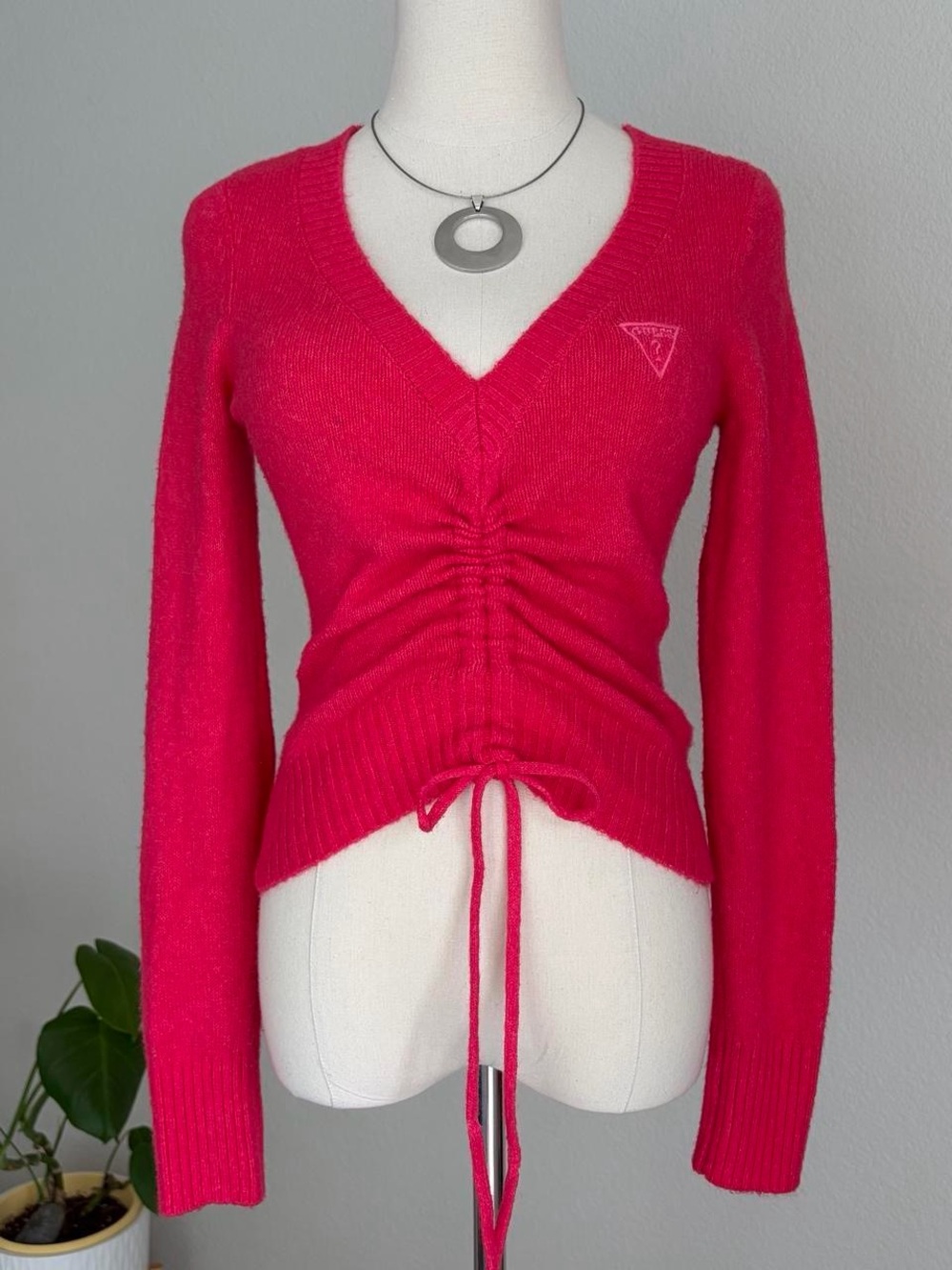 Guess Hot Pink V-Neck Ruched Drawstring Sweater - Picture 2 of 8